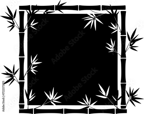 Silhouette frame of bamboo shoots and leaves in a square formation against a white background, creating a minimalist and elegant design.
