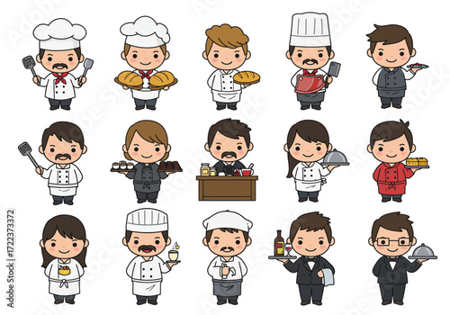 Collection of Cute Cartoon Chef and Restaurant Staff Characters.