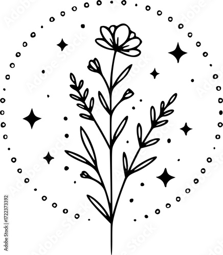 Celestial Floral Logo Design, Minimalist Line Art Illustration