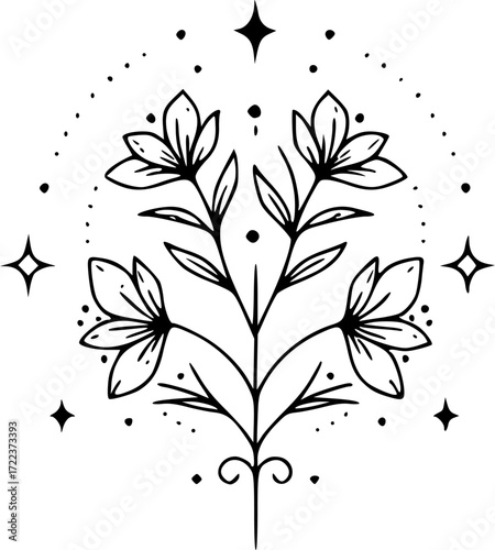 Celestial Floral Logo Design, Minimalist Line Art Illustration