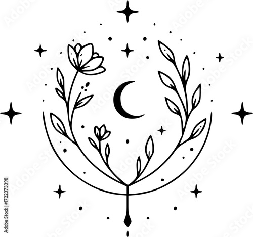 Celestial Floral Logo Design, Minimalist Line Art Illustration