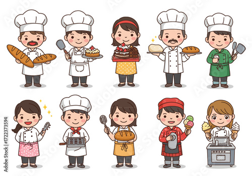 Diverse bakers and chefs holding baked goods and culinary tools.