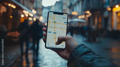 Close-up of hand holding smartphone with digital map navigation application in city street, modern technology, urban lifestyle, GPS navigation, travel, mobility, direction and digital innovation.