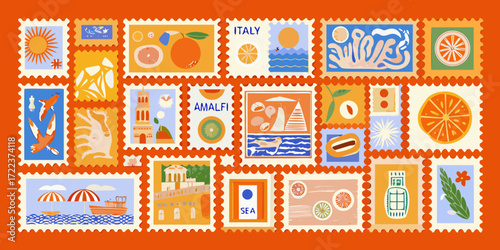 Collection of illustrated postage stamps depicting italian coastal scenes and citrus fruits