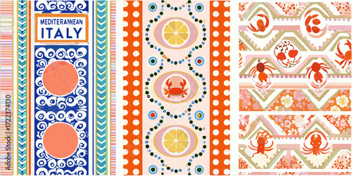 Vibrant mediterranean italy themed patterns with lemons crabs and floral motifs in a colorful palette