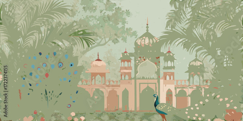 Tranquil indian garden scene with a majestic peacock and ornate mughal architecture surrounded by lush foliage