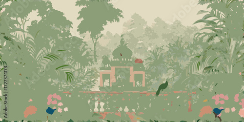 Enchanting jungle scene with a serene indian pavilion and exotic birds amidst lush foliage