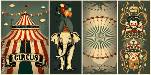 Vintage circus posters featuring a tent elephant balloons and performers in a collage style
