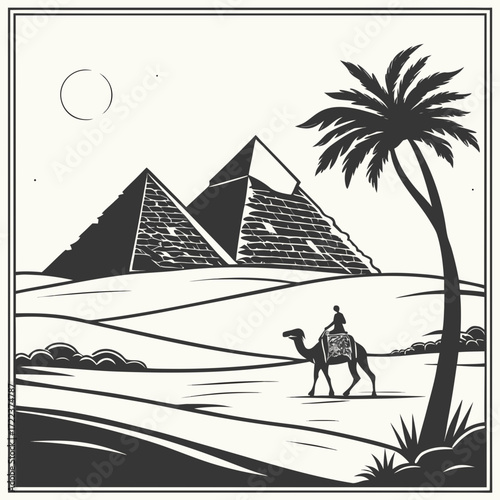 "Pyramids of Giza silhouette art Egypt desert skyline poster, ancient world wonder landmark illustration, black and white minimalist travel wall decor for history and architecture lovers"