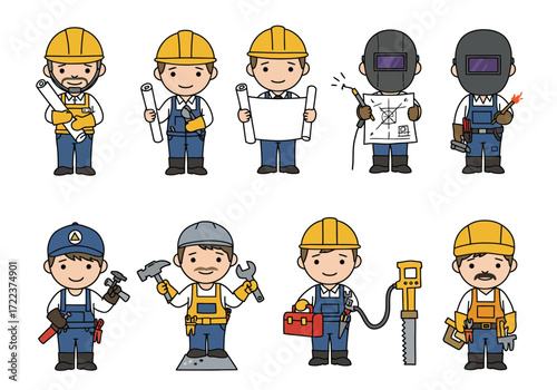 Set of cartoon construction workers with tools and blueprints.