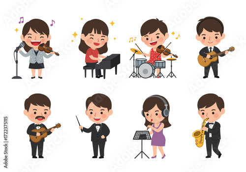 Set of eight cartoon characters playing various musical instruments and singing showcasing a diverse range of musical talents and performances.