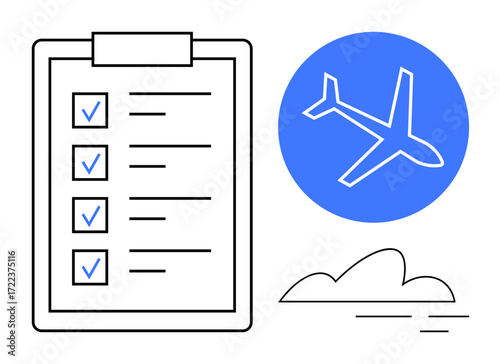 Checklist on clipboard with marked items, airplane in blue circle, and minimalistic cloud art. Ideal for travel, organization, checklists, preparation, logistics aviation efficiency. Simple flat