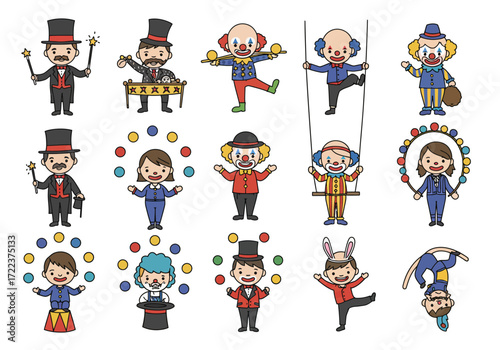 Set of various circus performers in different poses and acts.