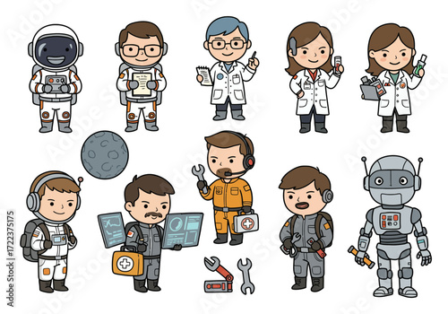 Space Exploration Team Scientists Astronauts and Robots.