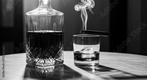 Elegant black and white image of whiskey, cigar, and smoke on a table.