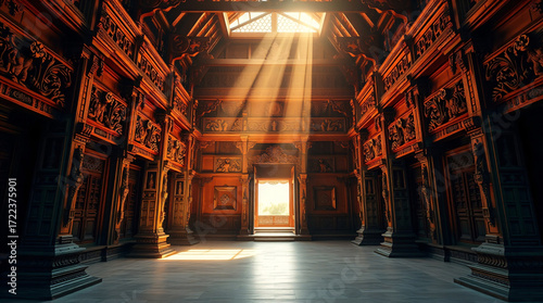 A Spiritual Journey Through Light: Rays of Sun Illuminating the Ancient Woodwork of a Sacred Hallway