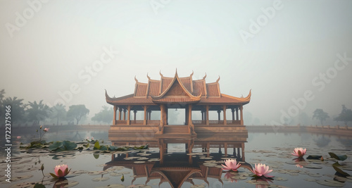 Dreamy Atmosphere with a Traditional Thai Structure Reflected on a Calm, Fog-Shrouded Pond