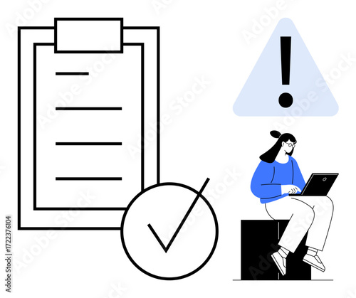 Clipboard checklist with a bold checkmark, alert triangle for deadlines, and a focused person using a laptop. Ideal for productivity, organization, reminders, prioritization, workflow, task