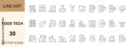Food Tech vector icon set with minimal line art designs of smart kitchen, recipe, nutrition, robotics, farming, and sustainability. Perfect for apps, web, food innovation, and UI projects.
