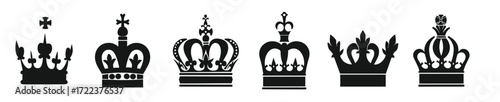collection of seven black silhouette crowns in various