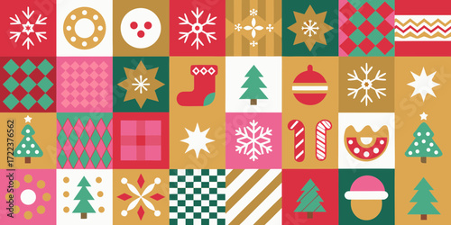 Retro christmas pattern with festive icons in a grid layout