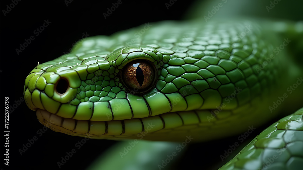Obraz premium Macro Photograph of a Green Snake's Eye and Detailed Scales
