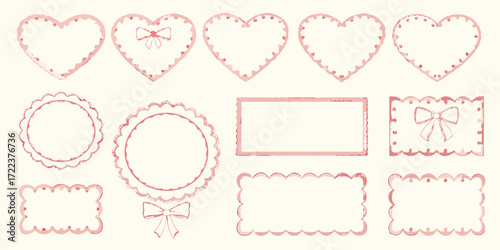 Collection of hand drawn pink decorative frames and borders in various shapes and styles