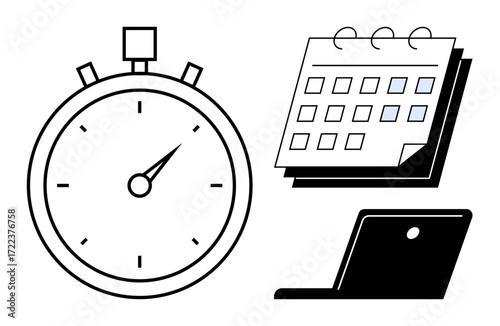 Stopwatch tracking time, calendar for scheduling tasks, and laptop for digital productivity. Ideal for time management, deadline, efficiency, planning, teamwork, scheduling project organization