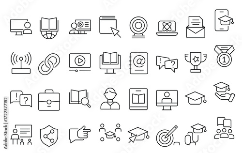 Education line icon collection. Contains knowledge, college, task list, design, training, idea, teacher, file, graduation hat, institute, ruler, and telescope. Education set of web icons vector