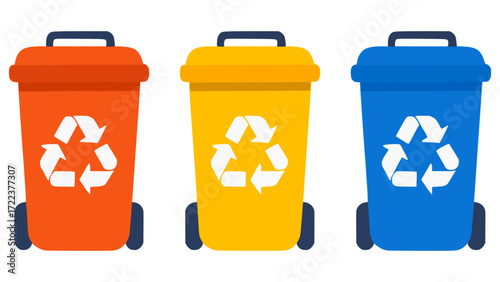 three color trash bin recycle flat color vector illustration template design