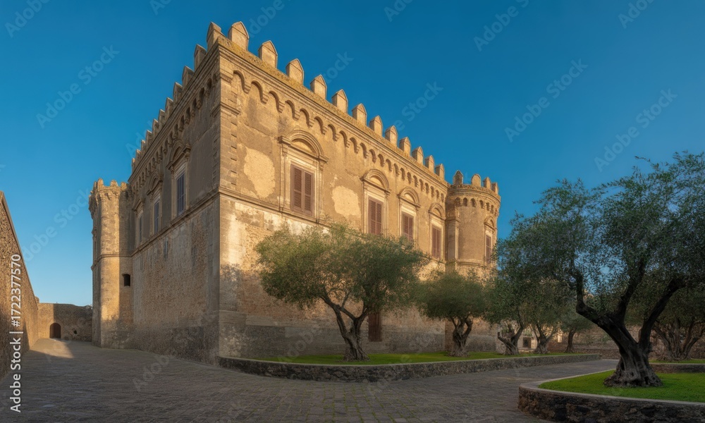 Fototapeta premium Ancient stone castle with olive trees