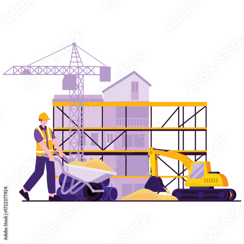 Construction worker pushing wheelbarrow at building site