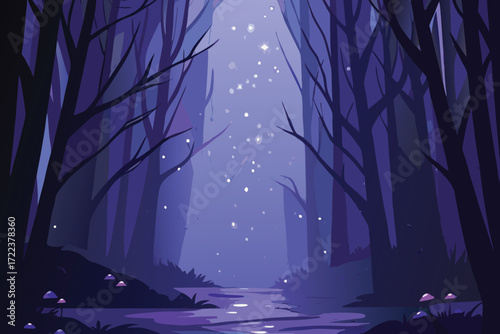 Mysterious purple forest with glowing lights and a winding stream