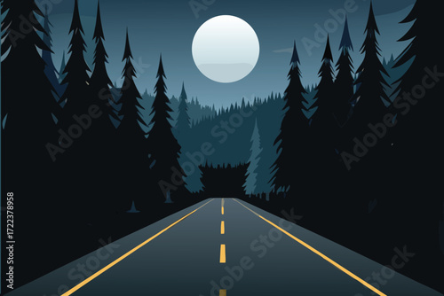 A long dark road stretches forward under a bright full moon