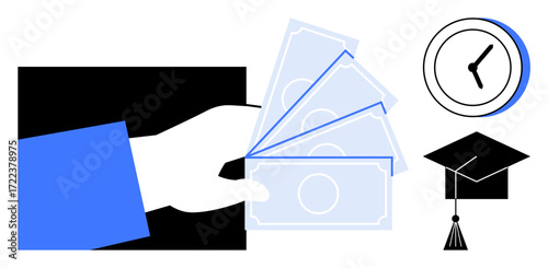 Hand holding money bills, clock indicating time, and graduation cap symbolizing educational investment. Ideal for finance, education, time management, career growth, scholarships, budgeting future