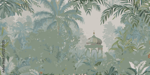 Misty jungle with palm trees and a domed pavilion in muted green tones