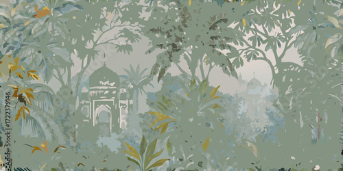 Misty jungle landscape with ancient indian architecture and lush tropical foliage in muted greens and yellows