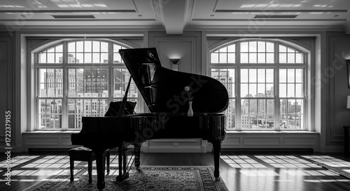 Grand piano in elegant room, large windows, city view.