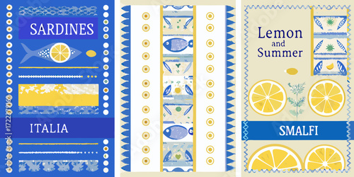 Italian summer theme with sardines lemons and amalfi coast motifs in blue yellow and white