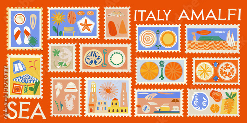 Collection of stylized postage stamps depicting iconic amalfi coast italy travel scenes and symbols