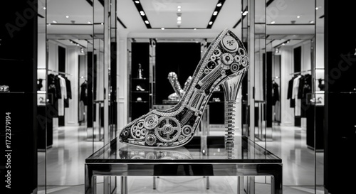 Stylish, futuristic high heel sculpture displayed in a modern retail space.
