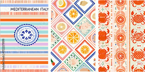 Vibrant mediterranean italy collection featuring citrus fruits crabs and decorative patterns