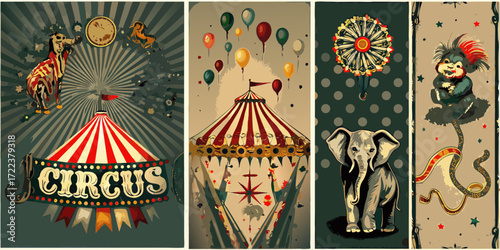 Vintage circus posters featuring a zebra carousel elephant and monkey with vibrant colors and retro design elements