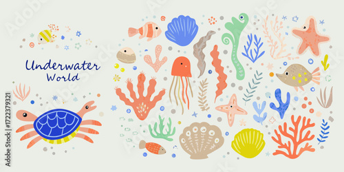 Whimsical underwater world illustration with cute sea creatures and coral reef elements