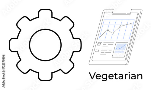 Gear, clipboard with chart line and vegetarian text conveying process, efficiency and balance. Ideal for innovation, strategy, optimization, progress, food habits, sustainability simple flat