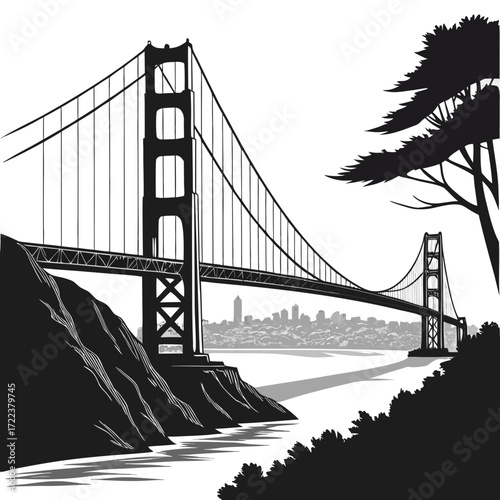 "Golden Gate Bridge silhouette art San Francisco USA skyline poster, iconic suspension bridge landmark illustration, black and white minimalist wall decor for world travel architecture fans"