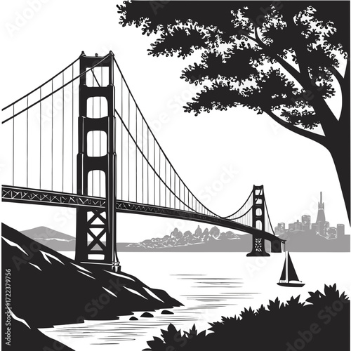"Golden Gate Bridge silhouette art San Francisco USA skyline poster, iconic suspension bridge landmark illustration, black and white minimalist wall decor for world travel architecture fans"