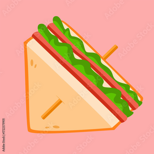 Cartoon sandwich with a toothpick in it. The sandwich is cut in half and has a green leaf on it. Vector Illustartion