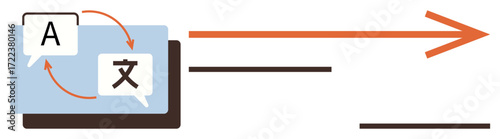 Speech bubbles with language symbols connected by arrows beside bold directional arrow. Ideal for translation, communication, technology, language learning, globalization, efficiency, digital tools