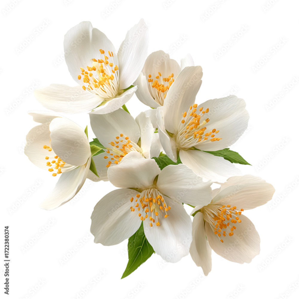 Obraz premium Delicate White Jasmine Flowers Blooming Fragrant Sweet Scented Blossoms Isolated On Transparent Background.